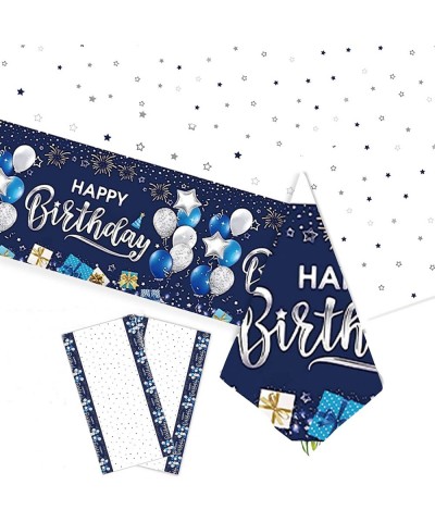 Happy Birthday Tablecloths 2 Pack Navy Blue and Silver Waterproof Stainproof Plastic Disposable Rectangle Birthday Table Cove...