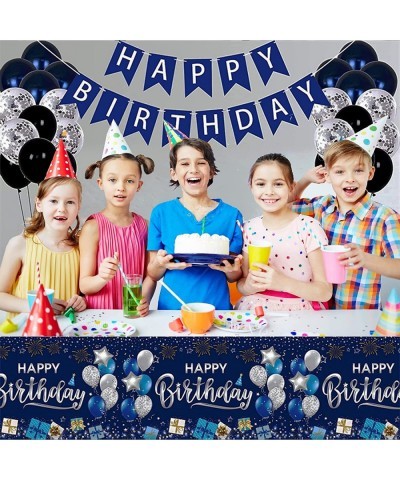 Happy Birthday Tablecloths 2 Pack Navy Blue and Silver Waterproof Stainproof Plastic Disposable Rectangle Birthday Table Cove...