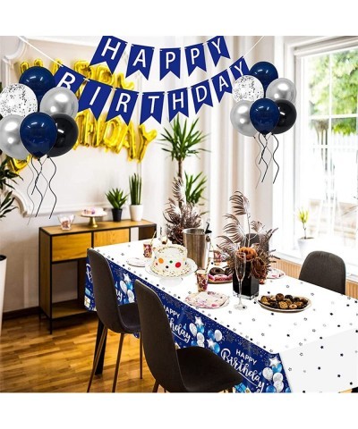 Happy Birthday Tablecloths 2 Pack Navy Blue and Silver Waterproof Stainproof Plastic Disposable Rectangle Birthday Table Cove...