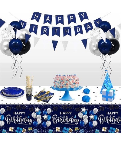 Happy Birthday Tablecloths 2 Pack Navy Blue and Silver Waterproof Stainproof Plastic Disposable Rectangle Birthday Table Cove...