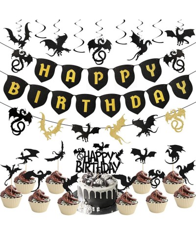 44 Pieces Dragon Party Supplies Dragon Theme Cake Decoration Happy Birthday Hanging Banner Swirls Cupcake Toppers Set for Dra...