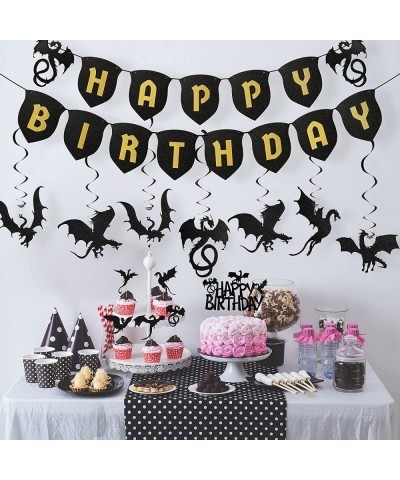 44 Pieces Dragon Party Supplies Dragon Theme Cake Decoration Happy Birthday Hanging Banner Swirls Cupcake Toppers Set for Dra...